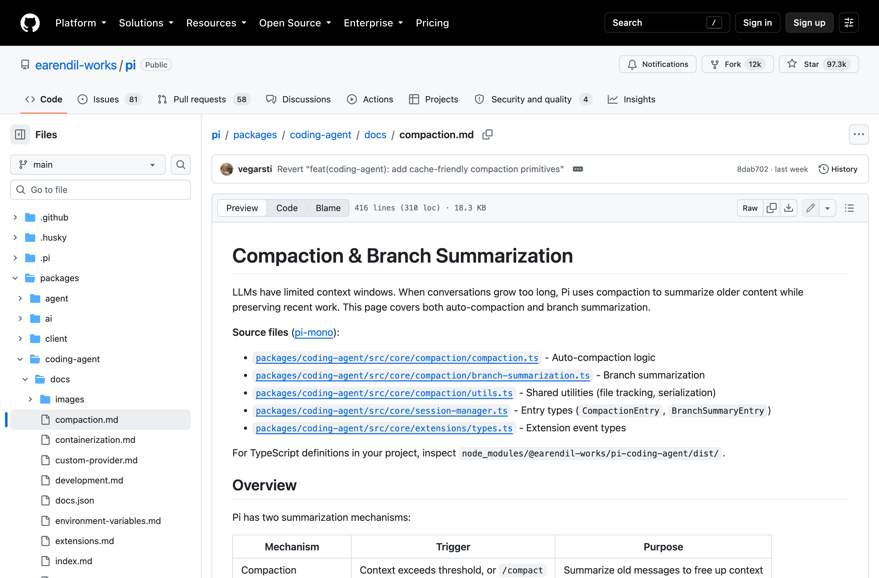 Pi documentation screenshot introducing compaction and branch summarization.
