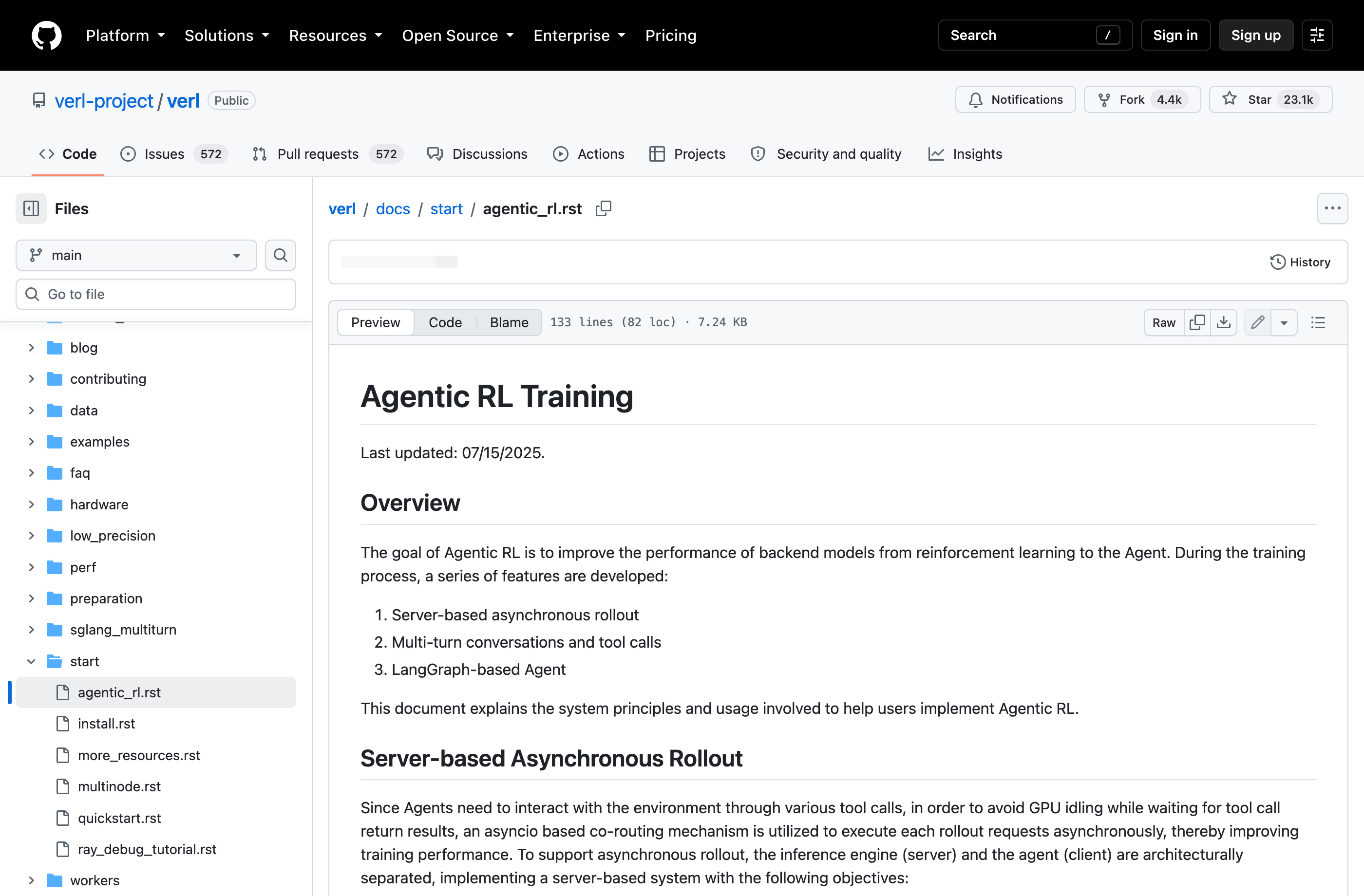 verl documentation screenshot introducing asynchronous rollouts, multi-turn conversations, and tool calls.